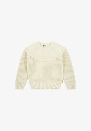 Chunky cream-colored knit sweater with a ruffled yoke, round neckline, ribbed cuffs, and hem. Features textured patterns throughout.