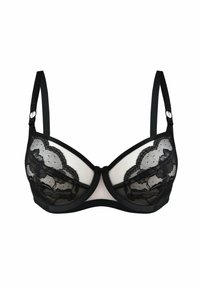 Czarny koronkowy biustonosz z przezroczystymi panelami, wsparciem w postaci fiszbin, regulowanymi ramiączkami oraz falbanką z koronką w kwiatowe wzory.