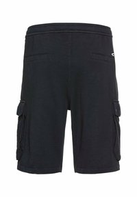 Zwarte cargoshorts met een relaxte pasvorm, voorzien van zijzakken, een elastische tailleband en een textuurafwerking. Ontworpen voor praktische doeleinden en comfort.
