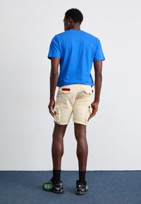 Cămașă albastră cu mâneci scurte, pantaloni scurți bej din material cargo cu buzunare și adidași negri cu accente verzi. Culori solide, design casual.