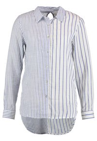 Camicia a righe blu e bianca in cotone. Presenta un colletto standard, maniche lunghe e un orlo posteriore più lungo. Tessuto liscio.