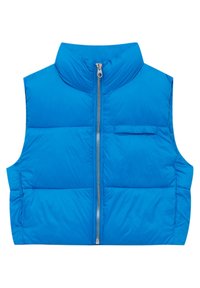 Chaleco acolchado azul con cuello alto, cremallera frontal y un pequeño bolsillo en el lado izquierdo del pecho. Textura lisa con secciones de acolchado.