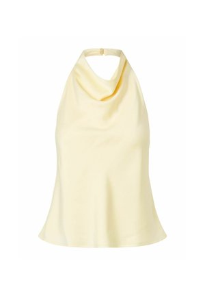 Haut licou sans manches jaune pâle avec encolure drapée et fermeture par bouton au dos du cou, ourlet évasé.