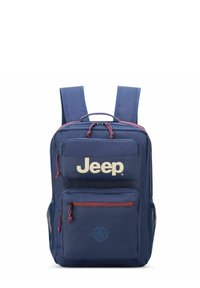 Zaino blu navy con due spallacci imbottiti, tasca frontale con zip, logo "Jeep" bianco ben visibile e tasche laterali in rete.
