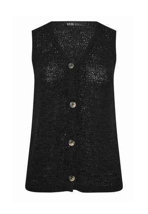 Zwarte, gebreide mouwloze cardigan met V-hals en vier knopen aan de voorkant, licht en licht doorschijnend materiaal.