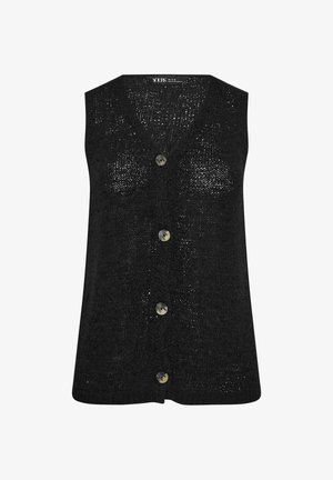 Czarny, dziergany, bezrękawnikowy kardigan z dekoltem w serek i czterema guzikami z przodu, lekki i lekko prześwitujący materiał.