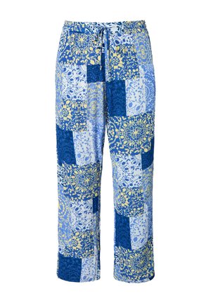 Locker sitzende Hose mit einem Patchwork-Blumenmuster in Blau, Hellblau und Gelb und einem Kordelzug in der Taille.