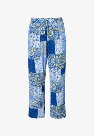 Locker sitzende Hose mit einem Patchwork-Blumenmuster in Blau, Hellblau und Gelb und einem Kordelzug in der Taille.