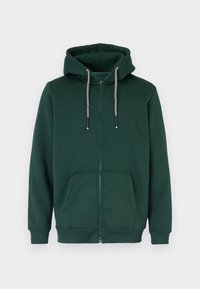 Sötétzöld, cipzáros kapucnis felső, elülső cipzárral, zsinórral állítható kapucnival és két elülső zsebbel. Puha anyagból készült, bordázott mandzsettákkal és derékkal.