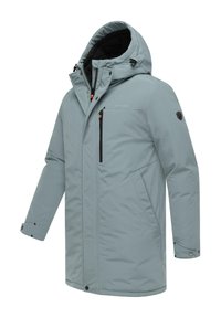 Ljusblå, isolerad parka med avtagbar huva, ficka med dragkedja på bröstet, sidofickor och knäppta manschettdetaljer. Vattentätt tyg med slät yta.