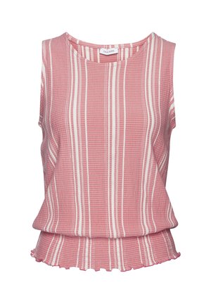 Top rosa senza maniche con righe verticali bianche, scollo rotondo, orlo leggermente arricciato e tessuto strutturato.