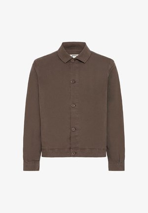 Brown jacket made of soft fabric, featuring a collared neck, button closure, and long sleeves. Simple design with no patterns or accents.