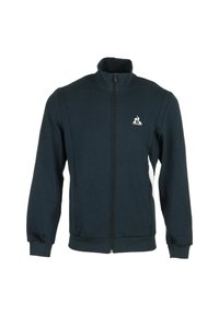 Chaqueta de cremallera verde oscuro con cuello alto, que presenta un logo en el lado izquierdo del pecho, puños elásticos y bolsillos laterales con detalles en blanco.