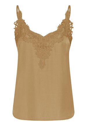 Top bej cu bretele ajustabile, decorat cu detalii fine din dantelă la decolteu și un finisaj neted din satin.