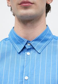 Nærbilde av nedre ansikt og nakke iført en blå skjorte med hvite vertikale striper og hvite knapper på en ensfarget bakgrunn.