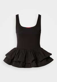Čierny bezrukávový top z elastickej látky, s priliehajúcou siluetou a volánovým peplum lemom s viacvrstvovým dizajnom. Hladká textúra.