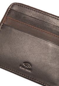 Brown leather credit card wallet featuring multiple slots, a textured surface, and embossed RFID safe logo. Dark stitching along the edges.
