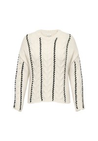 Pull en tricot blanc à grosses mailles avec des rayures verticales noires et des accents en maille ouverte sur les côtés. Manches longues et encolure ronde.