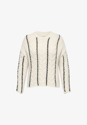 Bel bela pulover s kabelskim pletenjem, ki ima črne navpične črte in odprto pletenje ob straneh. Dolgi rokavi in okrogla izreza.