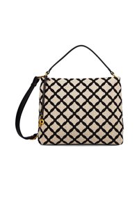 Borsa in tessuto beige con motivo geometrico nero, rifiniture in pelle nera e una sola tracolla. Include dettagli in metallo dorato.