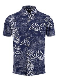 Camisa de botones de manga corta en navy, con patrones de olas blancas, animales y sol; material de algodón con un cuello clásico y cinco botones.
