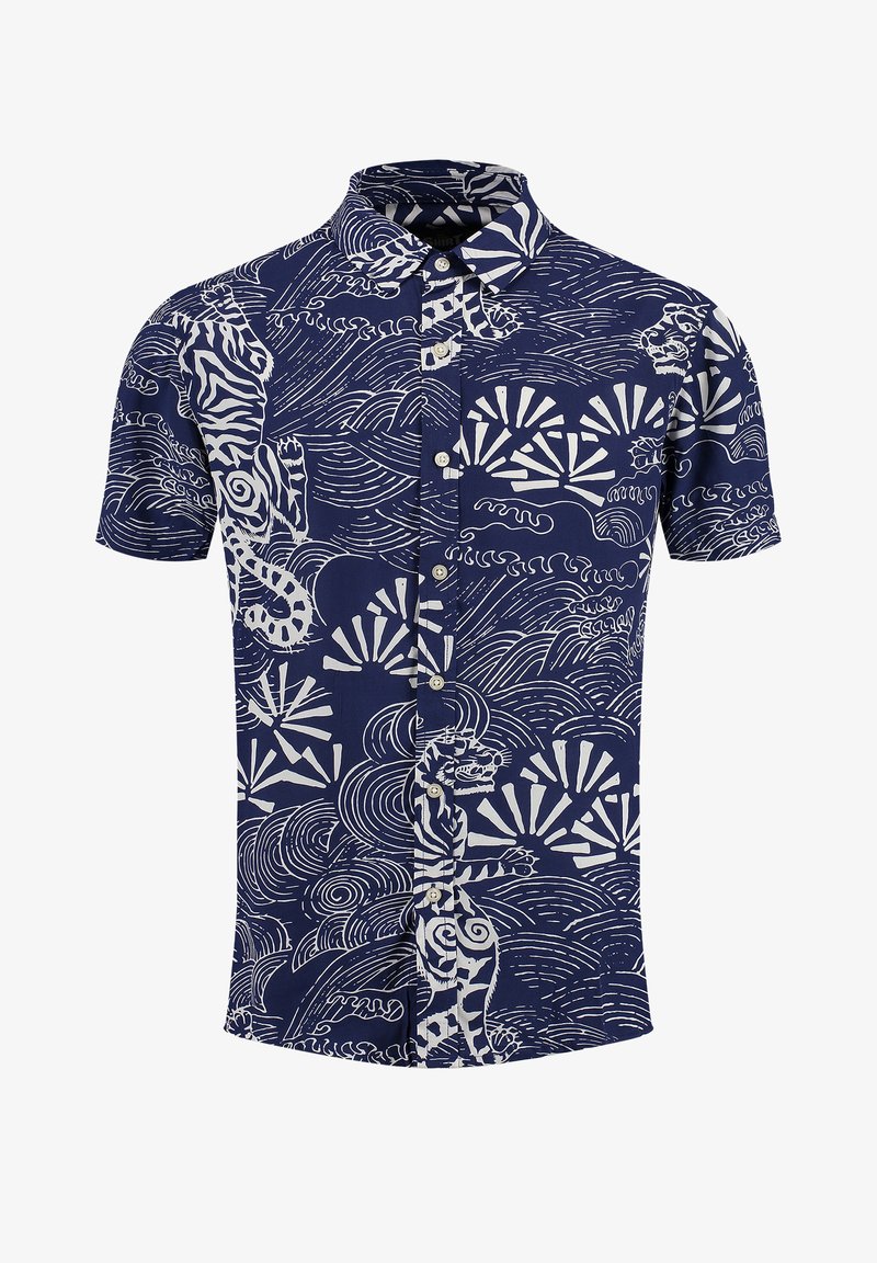 Camicia a maniche corte con bottoni di colore blu navy, presenta motivi bianchi di onde, animali e sole; in cotone con colletto classico e cinque bottoni.