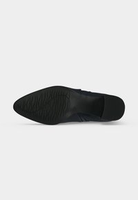 Semelle d'une chaussure noire à bout pointu avec motif de bande de roulement texturé et talon bas carré sur fond uni.