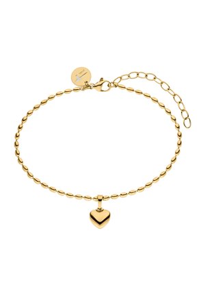 Goldenes Perlenkettenarmband mit kleinem herzförmigem Anhänger und einem runden Anhänger nahe dem Karabinerverschluss mit verstellbarer Kettenverlängerung.