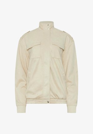 Beige jasje met knopen en een hoge kraag, twee borstzakken met klep, lange mouwen en een elastische zoom.