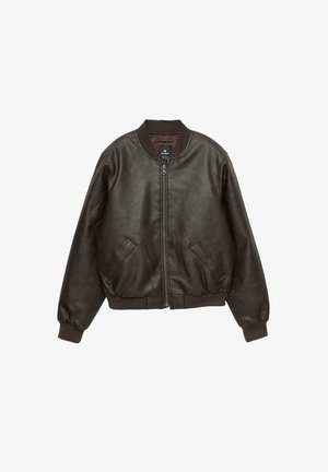 Braune Leder-Bomberjacke mit Reißverschluss, geripptem Kragen und Bündchen, zwei Fronttaschen und einer strukturierten Oberfläche.