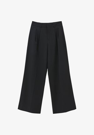 Pantaloni neri a gamba larga realizzati in tessuto leggero, con pieghe, vita aderente e texture liscia. Senza elementi metallici visibili o motivi.