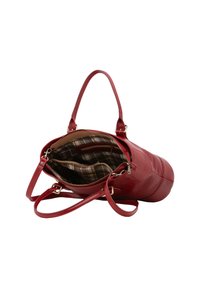 Borsa a tracolla in pelle rossa con texture liscia, chiusura a zip e rivestimento interno a quadri. Presenta due manici e una tracolla regolabile.
