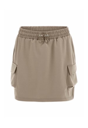 Gonna beige con vita elasticizzata, cordoncino e due tasche laterali. Realizzata in tessuto morbido con un design rilassato.