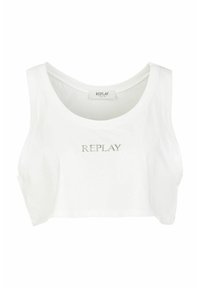 Witte cropped tanktop met een ronde halslijn en een zilveren "REPLAY" logo aan de voorkant. Eenvoudige, casual stijl geschikt voor warm weer.