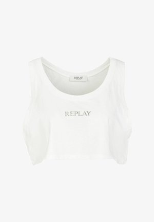Top tank court blanc avec un col rond et un logo "REPLAY" argenté à l'avant. Style simple et décontracté, idéal pour les jours chauds.