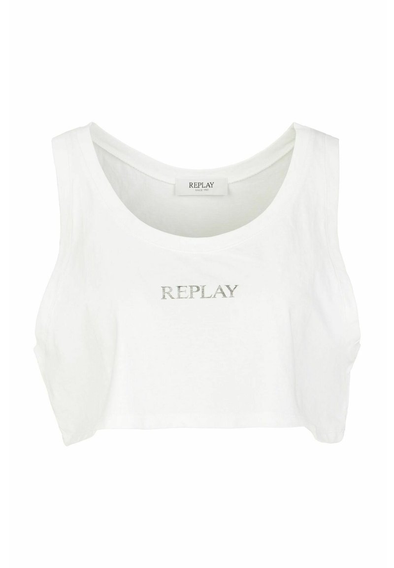 Witte cropped tanktop met een ronde halslijn en een zilveren "REPLAY" logo aan de voorkant. Eenvoudige, casual stijl geschikt voor warm weer.