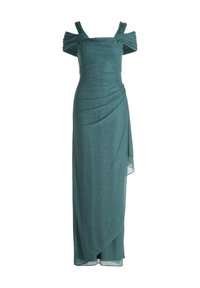 Turkusowa wieczorowa sukienka z odkrytymi ramionami i marszczonymi ramiączkami. Wykonana z błyszczącego materiału, z drapowaną konstrukcją i rozcięciem po stronie. Długość do podłogi.