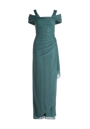 Teal avonddress met off-shoulder gerimpelde banden. Gemaakt van glanzende stof, met een gedrapeerd ontwerp en een zijsplit. Vloerlange silhouet.
