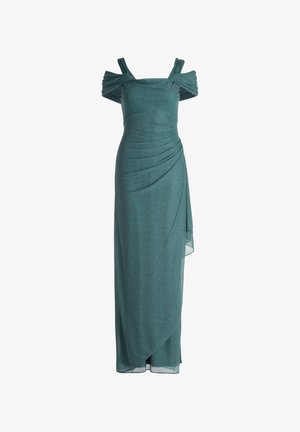 Robe de soirée en teal avec des bretelles froncées dénudées sur les épaules. Fabriquée en tissu scintillant, présentant un design drapé et une fente latérale. Silhouette longue au sol.
