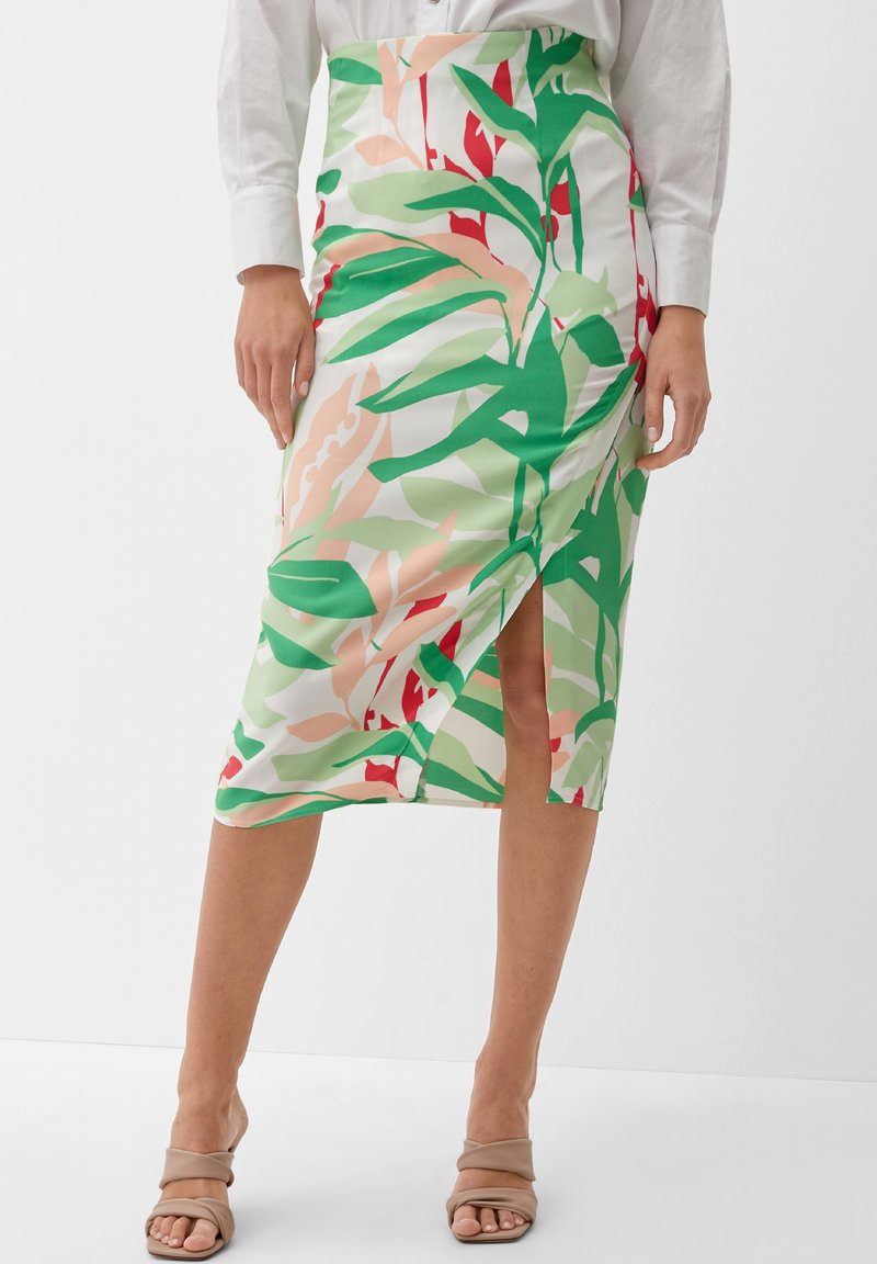 Groene en roze bloemen midi rok in een lichte, gladde stof; heeft een voorknop en een aansluitend ontwerp.