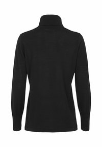 Schwarzer, langärmeliger Rollkragenpullover, von hinten gezeigt, mit gerippten Bündchen, Saum und Kragen auf einem weißen Hintergrund.