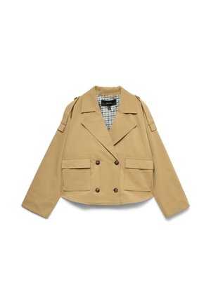 Veste beige courte à double boutonnage avec larges revers, deux grandes poches avant, pattes d'épaule et doublure intérieure à carreaux.