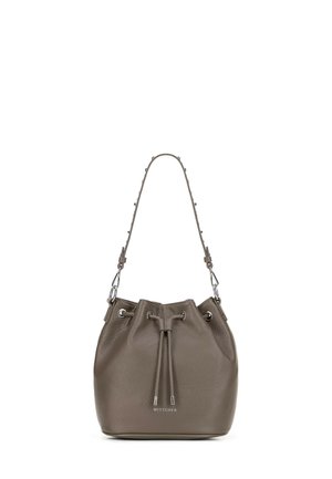 Brown textured leather bucket bag with a drawstring closure, short strap accented with silver hardware, and brand logo on the front.