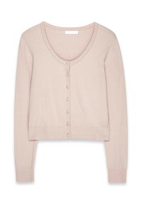 Cardigan corto rosa chiaro realizzato in morbido tessuto a maglia. Presenta un collo arrotondato, maniche lunghe e sei bottoni decorativi sul davanti.