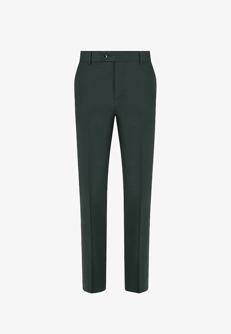 Ciemnozielone, dopasowane spodnie wykonane z tkaniny o drobnej fakturze, z zapięciem na guziki z przodu i klasycznym prostym krojem nogawki.