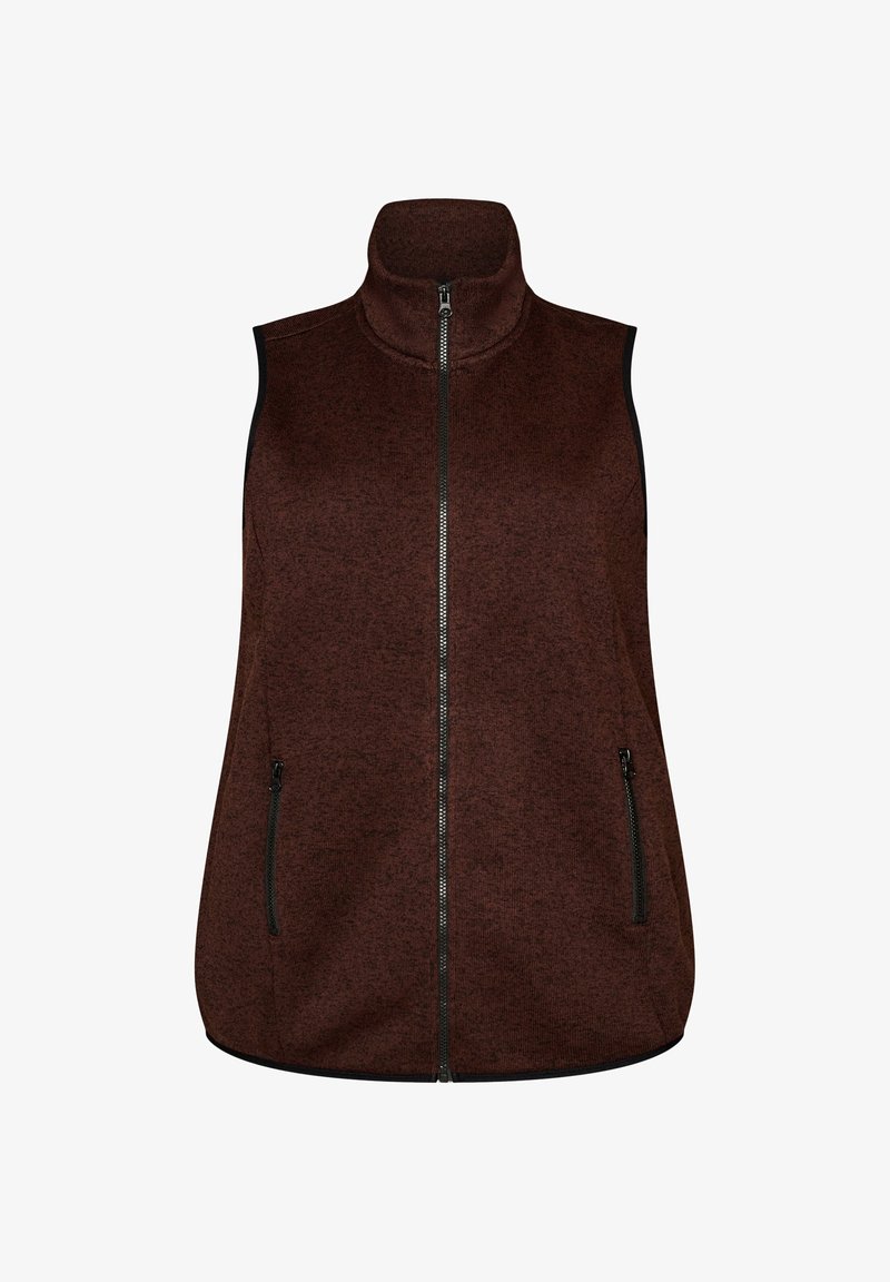Καφέ αμάνικο fleece γιλέκο με ψηλό γιακά, εμπρόσθιο φερμουάρ και δύο πλαϊνές τσέπες με φερμουάρ.