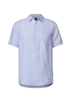 Chemise à manches courtes bleu clair avec des rayures verticales blanches, bouton devant et poche poitrine. Fabriquée en tissu léger avec une coupe décontractée.