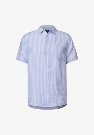 Chemise à manches courtes bleu clair avec des rayures verticales blanches, bouton devant et poche poitrine. Fabriquée en tissu léger avec une coupe décontractée.