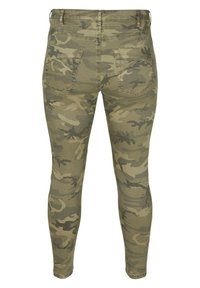 Maskáčové skinny džíny v zelených tóninách, s středním pasem, pěti kapsami a upnutým střih. Vyrobeno z elastického denimu.