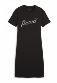 Vestido de algodón negro con cuello redondo. Presenta el logo "Puma" en un patrón reflectante en la parte frontal. Mangas cortas.